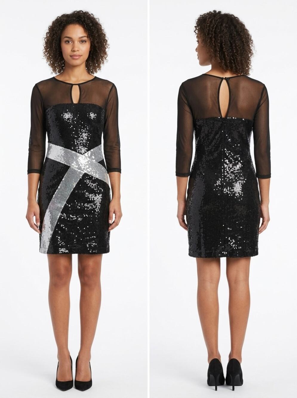 Argenti Black Silver Sequin Mesh 3/4 Sleeve Sheath Dress Women Size 4
